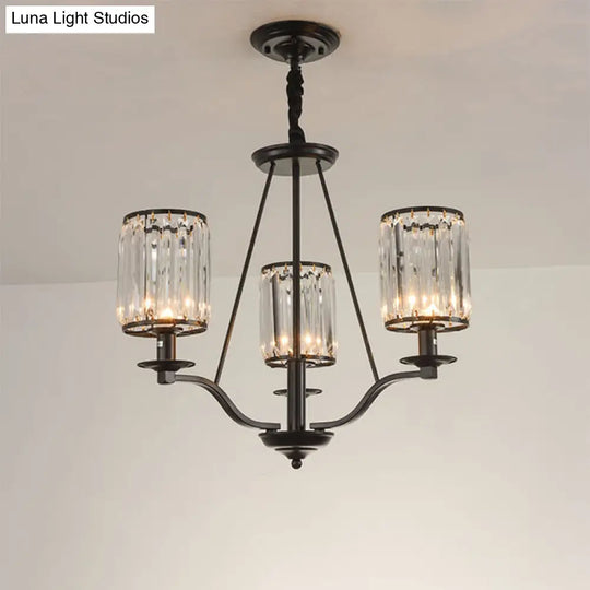 Black Crystal Beveled Pendant Light - Cylinder Chandelier For Living Room Ceiling Country Style