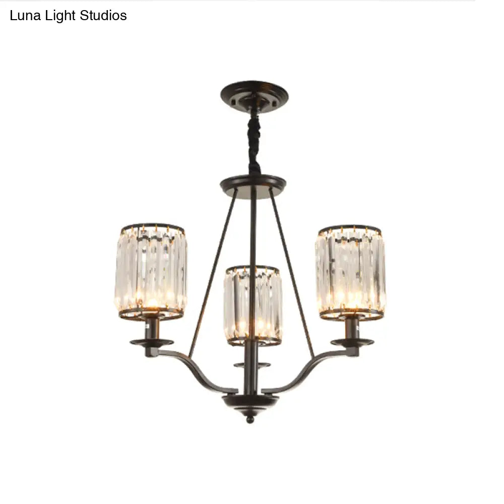 Black Crystal Beveled Pendant Light - Cylinder Chandelier For Living Room Ceiling Country Style