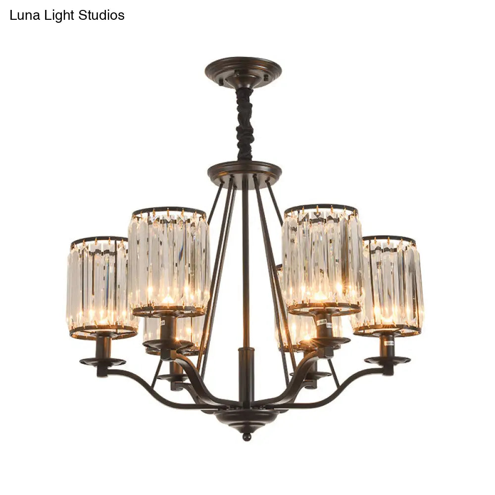 Black Crystal Beveled Pendant Light - Cylinder Chandelier For Living Room Ceiling Country Style