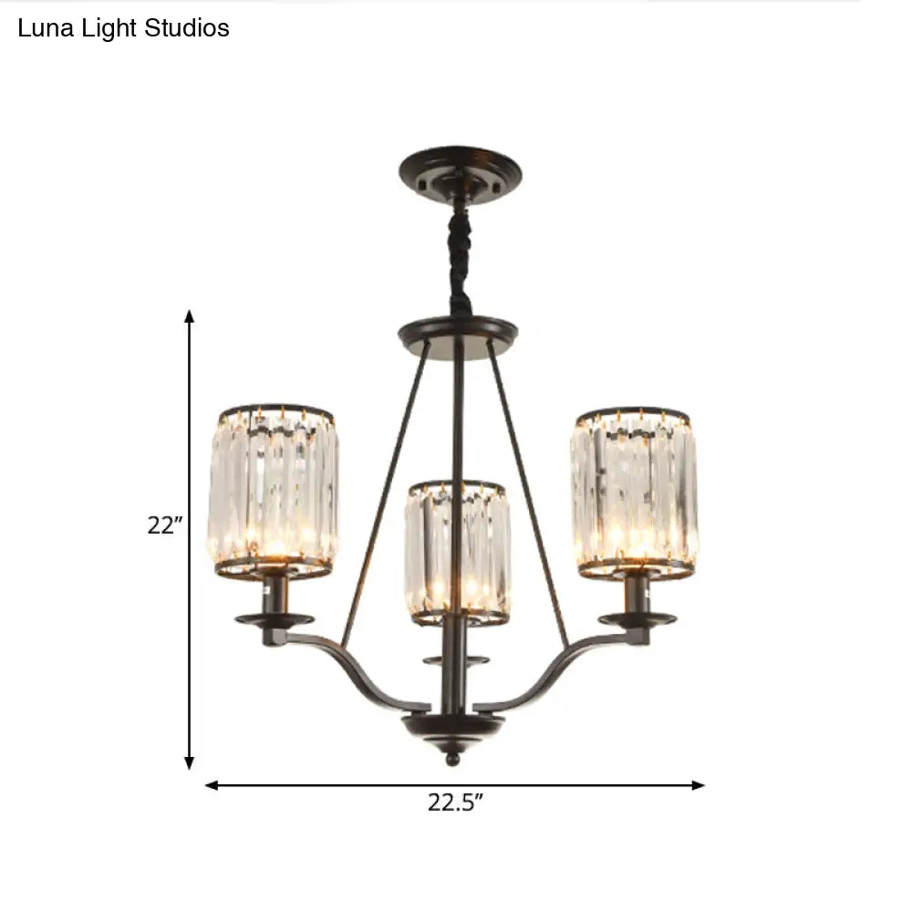 Black Crystal Beveled Pendant Light - Cylinder Chandelier For Living Room Ceiling Country Style