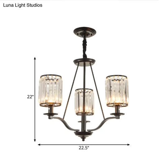 Black Crystal Beveled Pendant Light - Cylinder Chandelier For Living Room Ceiling Country Style