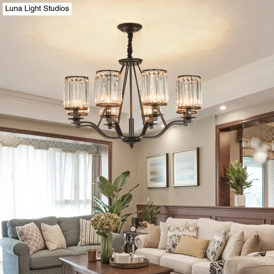 Black Crystal Beveled Pendant Light - Cylinder Chandelier For Living Room Ceiling Country Style