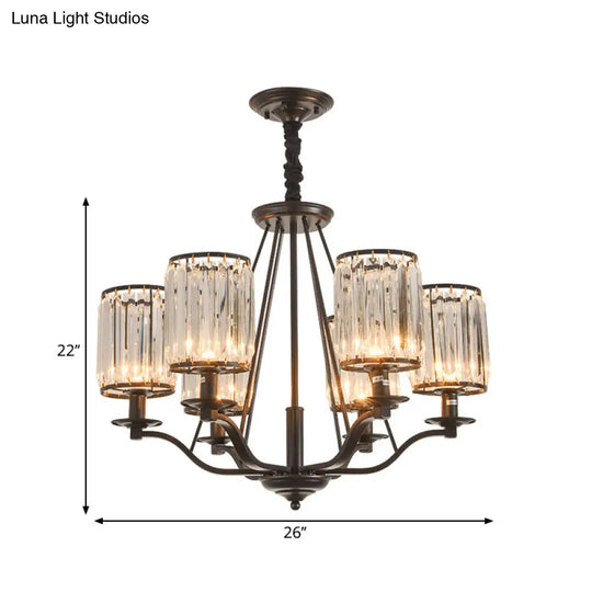 Black Crystal Beveled Pendant Light - Cylinder Chandelier For Living Room Ceiling Country Style