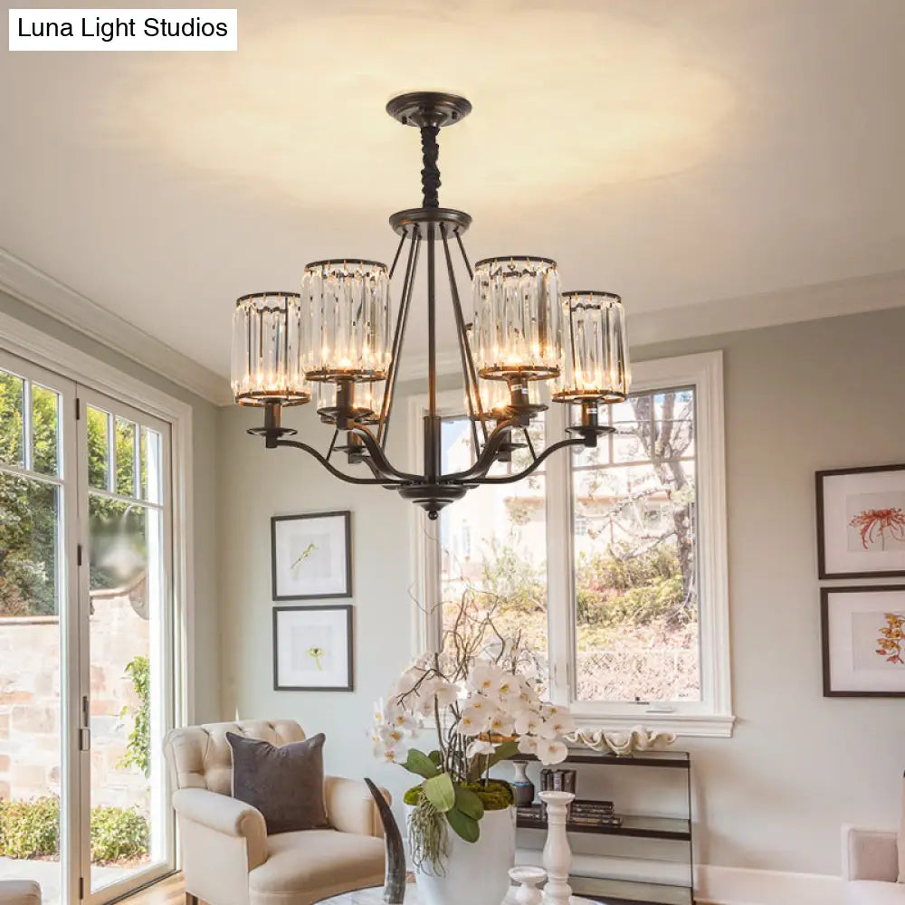 Black Crystal Beveled Pendant Light - Cylinder Chandelier For Living Room Ceiling Country Style