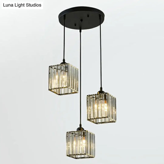 Modern Black Crystal Block Pendant With 3 Shaded Lights For Dining Room Ceiling / Square Plate Round