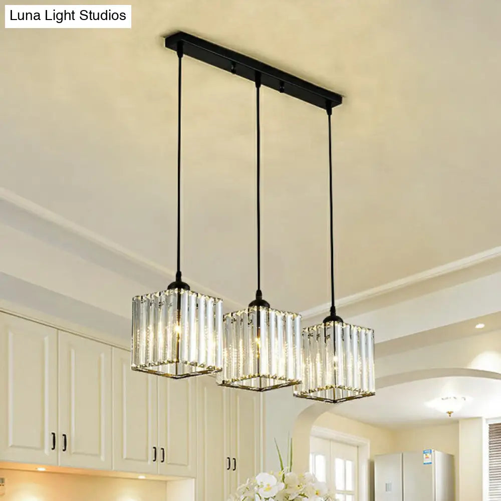 Modern Black Crystal Block Pendant With 3 Shaded Lights For Dining Room Ceiling