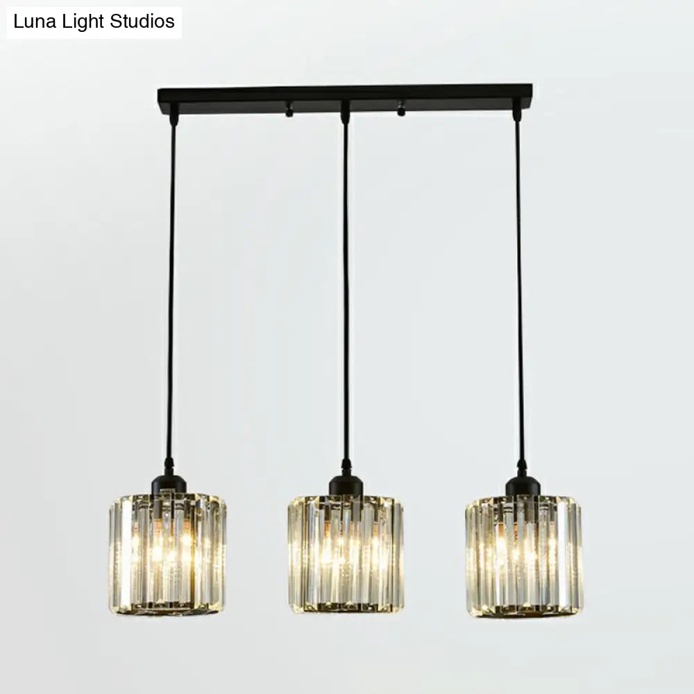 Modern Black Crystal Block Pendant With 3 Shaded Lights For Dining Room Ceiling / Round Linear