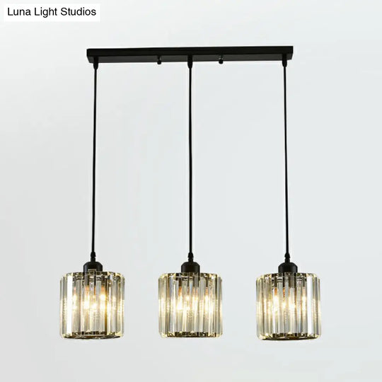Modern Black Crystal Block Pendant With 3 Shaded Lights For Dining Room Ceiling / Round Linear