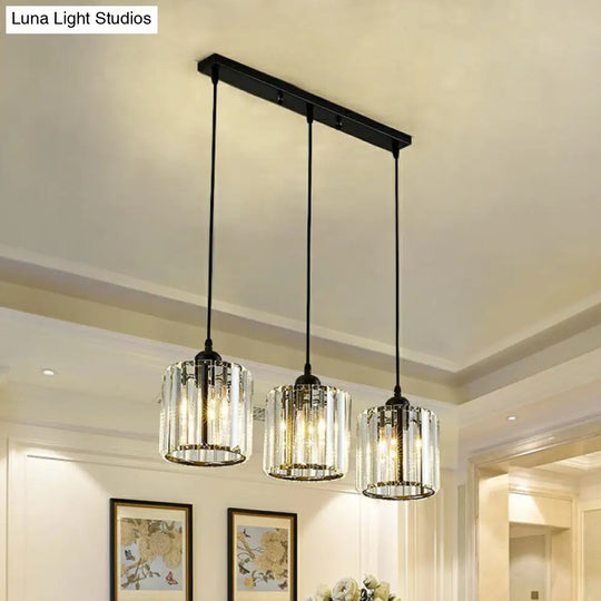 Modern Black Crystal Block Pendant With 3 Shaded Lights For Dining Room Ceiling
