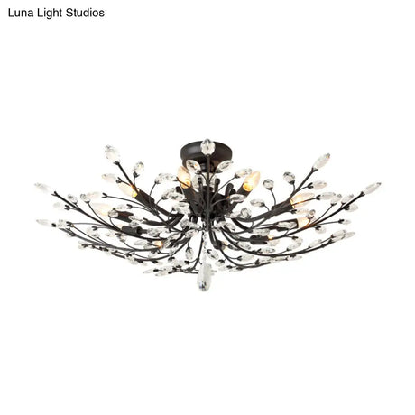 Black Crystal Leaf Semi Flush Mount Light - Modern Metal Ceiling Fixture With 6/8/10 Lights