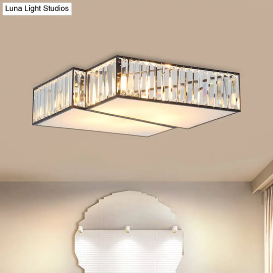 Black Crystal Rectangle Flushmount Ceiling Light Fixture - Contemporary With 4 Geometric Bulbs