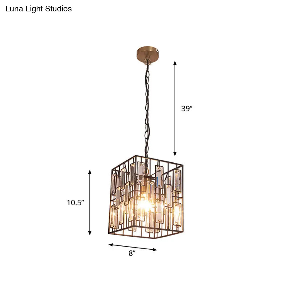 Modern Black Cuboid Pendant Lamp - 1 Bulb Metallic Ceiling Light With Crystal Icicle Accent