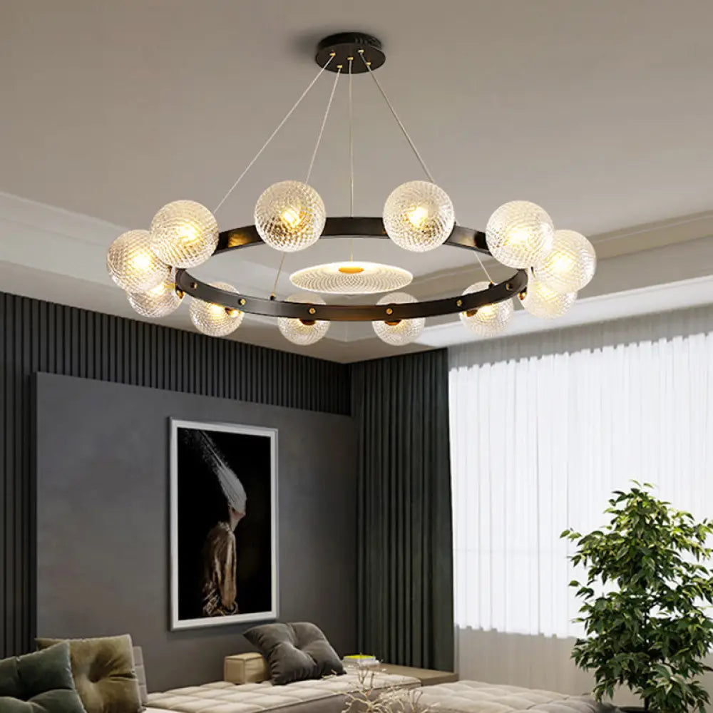 Black Designer Ball Pendant Chandelier With Clear Lattice Glass - Restaurant Hanging Light 12 /