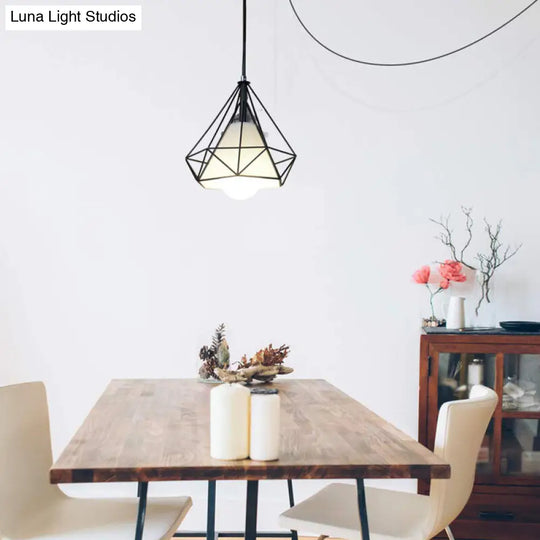 Black Diamond Cage Pendant Ceiling Light Farmhouse Metal Hanging Lamp With Fabric Shade 1 For Living
