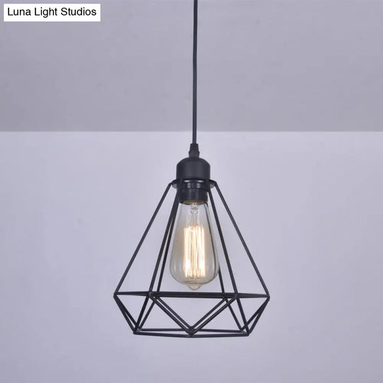Retro Iron Black Diamond Cage Pendant Lamp - Bedroom Suspension Light Fixture
