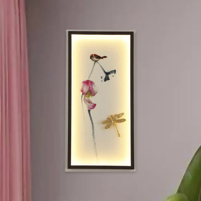 Black Dragonfly-Lotus Led Wall Sconce With Metal Frame - Asian Inspired Mural Lamp