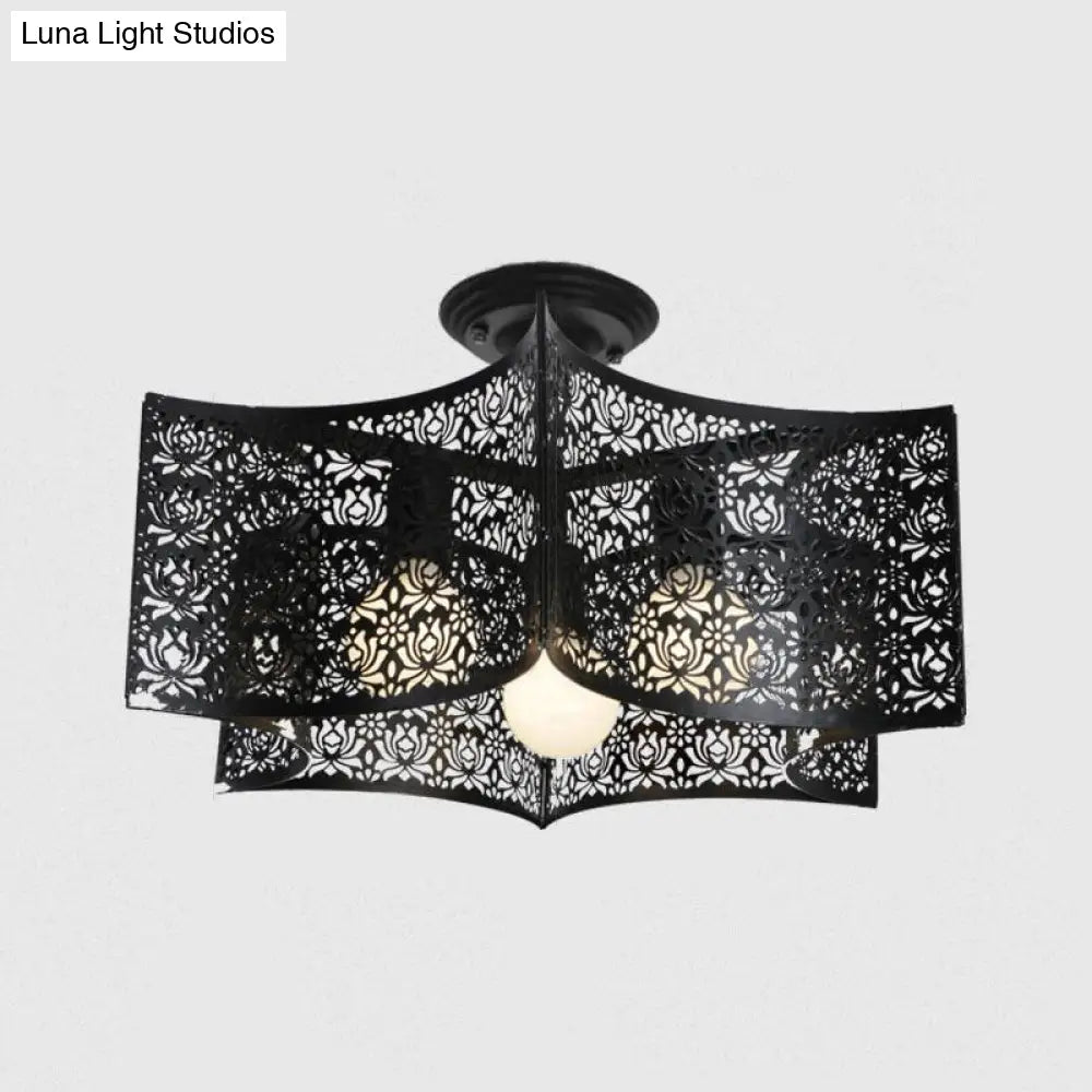 Black Drum Design Semi Flush Light - Vintage Retro Metallic 3-Head Foyer Mount 16/16.5 W