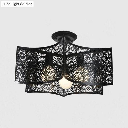 Black Drum Design Semi Flush Light - Vintage Retro Metallic 3-Head Foyer Mount 16/16.5 W