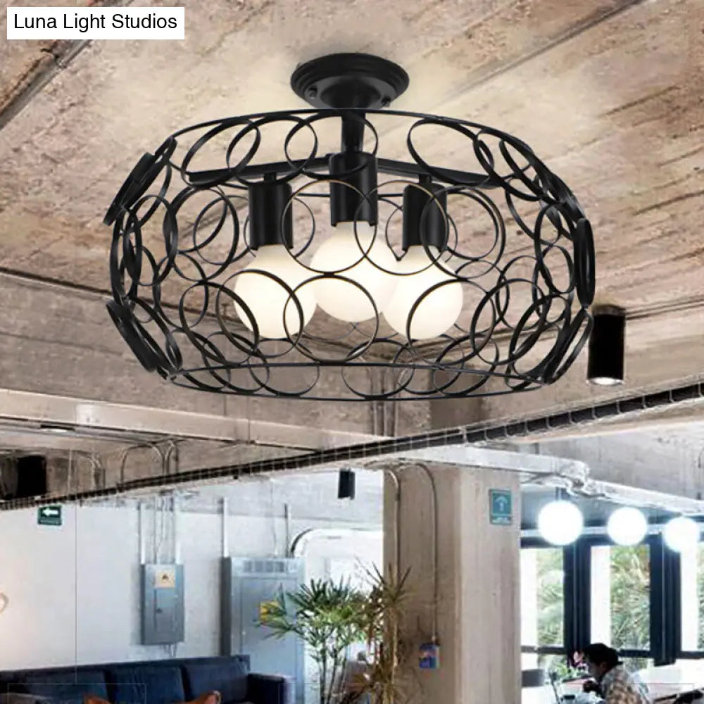 Black Drum Design Semi Flush Light - Vintage Retro Metallic 3-Head Foyer Mount 16/16.5 W / 18