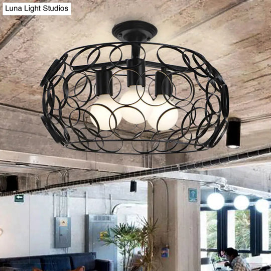 Black Drum Design Semi Flush Light - Vintage Retro Metallic 3-Head Foyer Mount 16/16.5 W / 18
