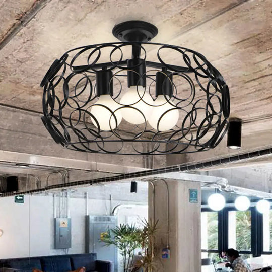 Black Drum Design Semi Flush Light - Vintage Retro Metallic 3-Head Foyer Mount 16’/16.5’ W / 18’