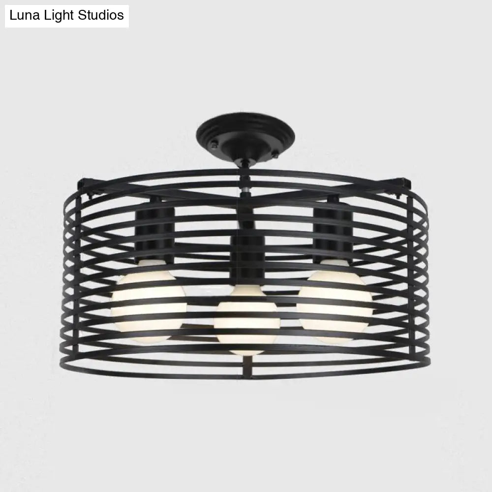 Black Drum Design Semi Flush Light - Vintage Retro Metallic 3-Head Foyer Mount 16/16.5 W