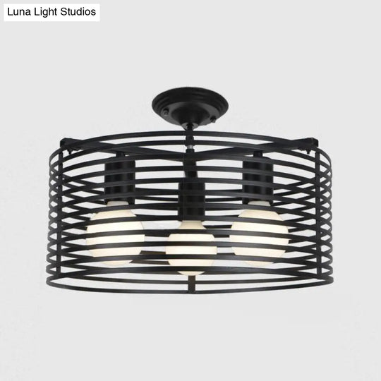Black Drum Design Semi Flush Light - Vintage Retro Metallic 3-Head Foyer Mount 16/16.5 W