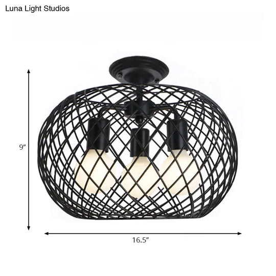 Black Drum Design Semi Flush Light - Vintage Retro Metallic 3-Head Foyer Mount 16’/16.5’ W