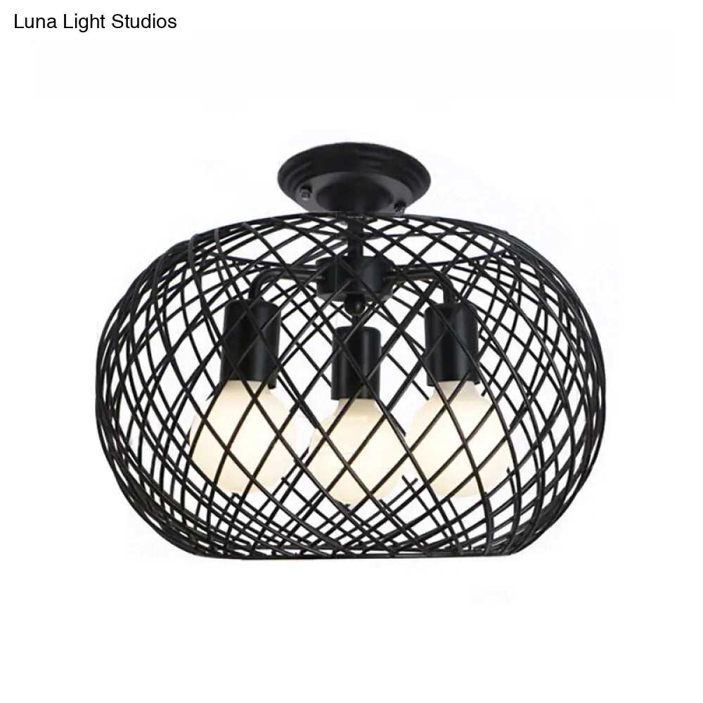 Black Drum Design Semi Flush Light - Vintage Retro Metallic 3-Head Foyer Mount 16/16.5 W