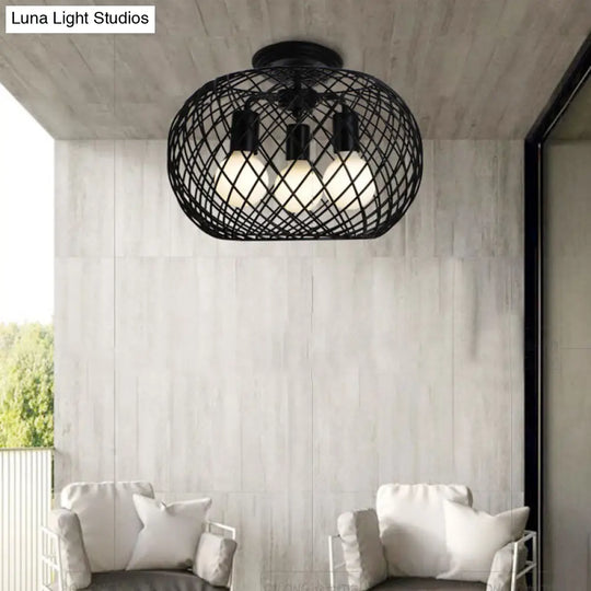 Black Drum Design Semi Flush Light - Vintage Retro Metallic 3-Head Foyer Mount 16/16.5 W / 16.5