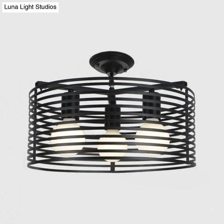 Black Drum Design Semi Flush Light - Vintage Retro Metallic 3-Head Foyer Mount 16’/16.5’ W