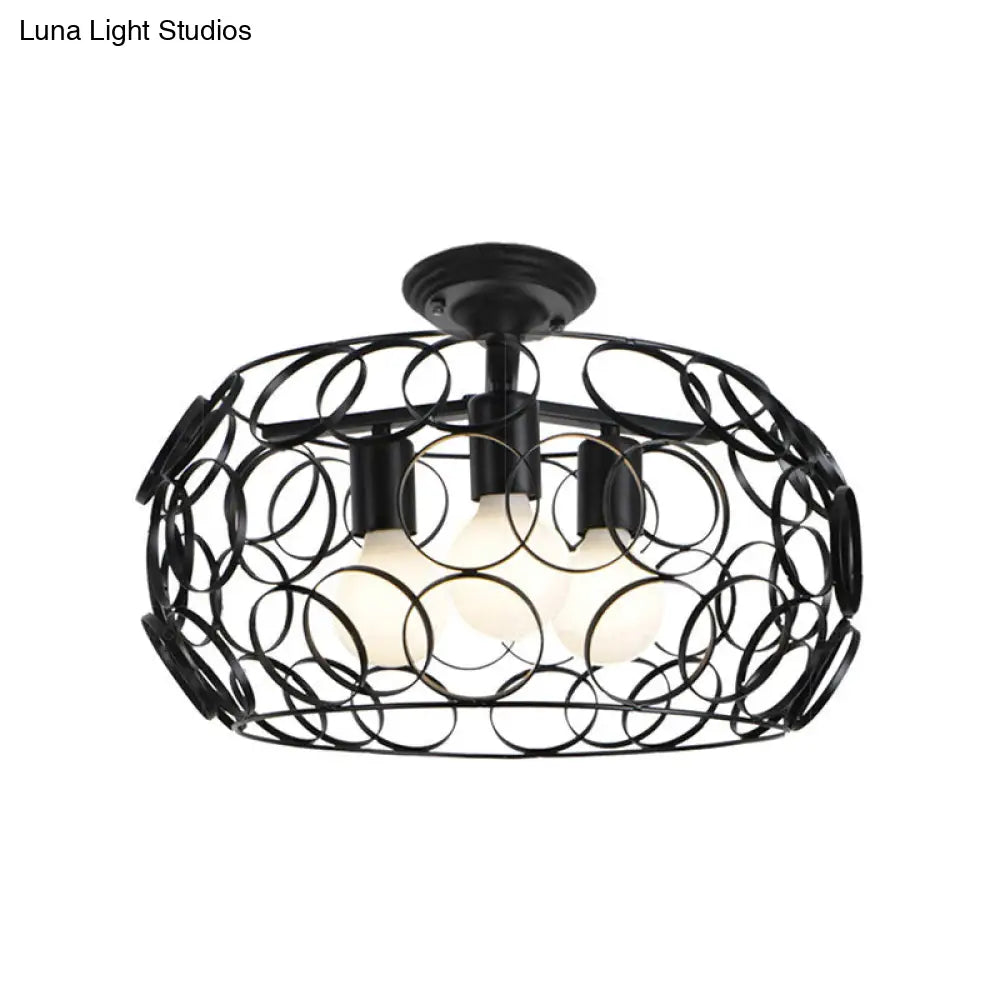 Black Drum Design Semi Flush Light - Vintage Retro Metallic 3-Head Foyer Mount 16/16.5 W