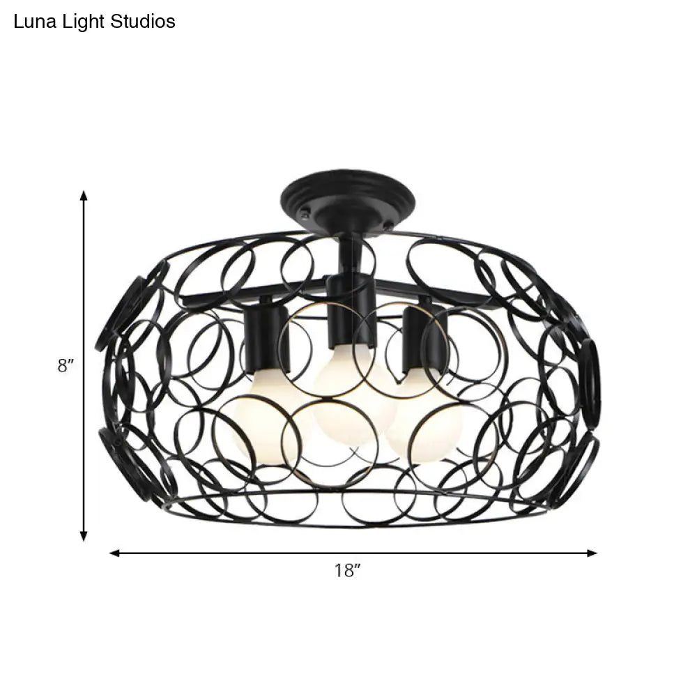 Black Drum Design Semi Flush Light - Vintage Retro Metallic 3-Head Foyer Mount 16/16.5 W