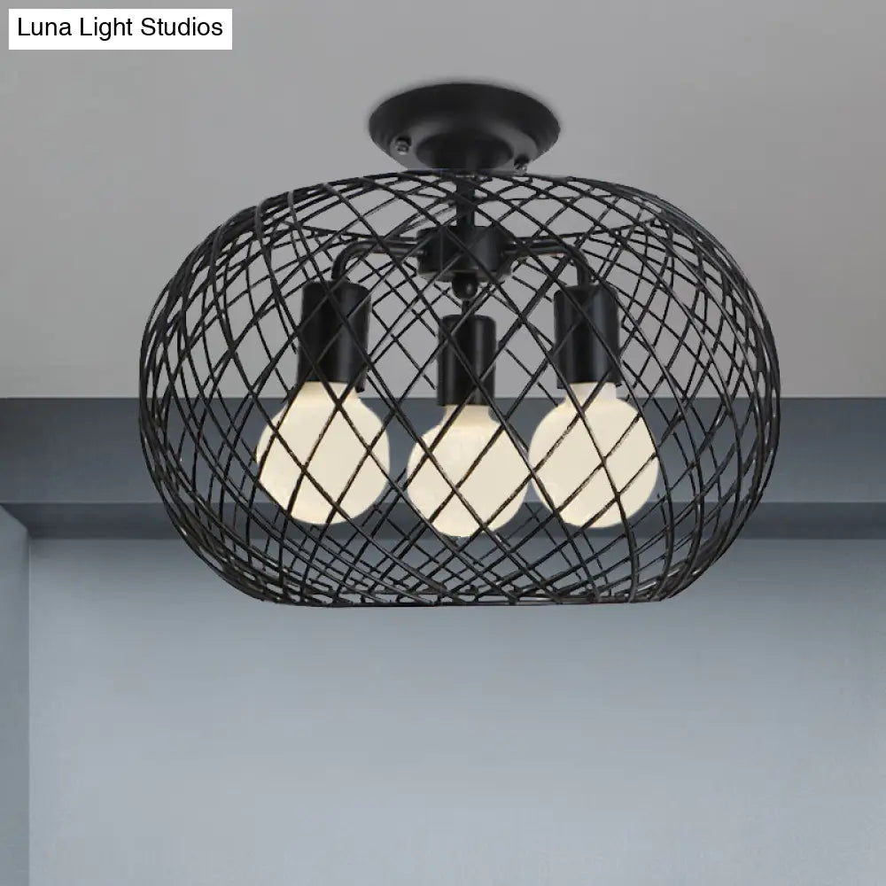 Black Drum Design Semi Flush Light - Vintage Retro Metallic 3-Head Foyer Mount 16’/16.5’ W