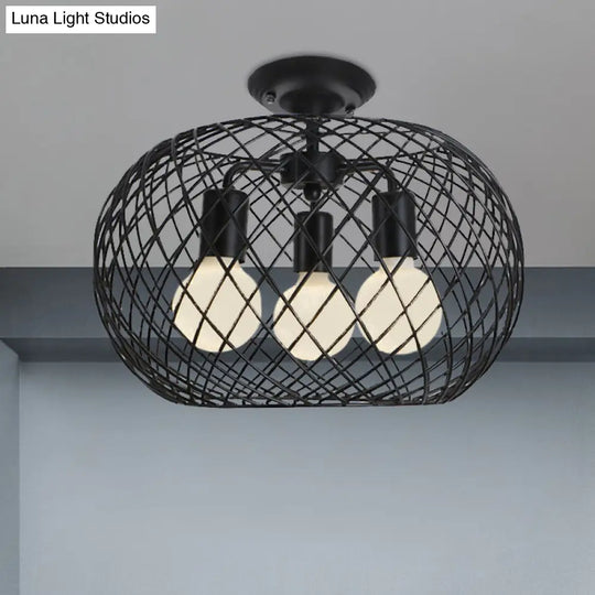Black Drum Design Semi Flush Light - Vintage Retro Metallic 3-Head Foyer Mount 16’/16.5’ W