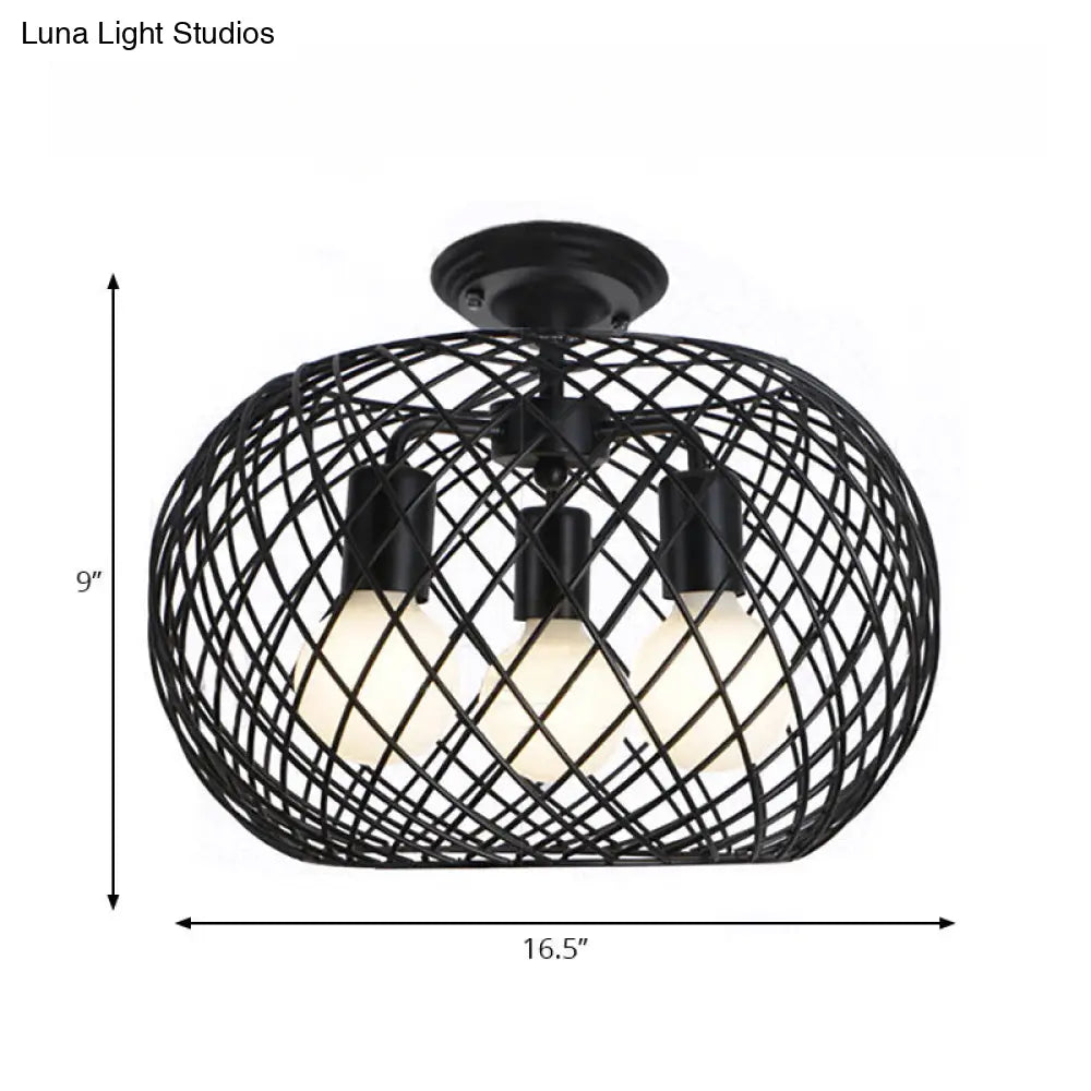 Black Drum Design Semi Flush Light - Vintage Retro Metallic 3-Head Foyer Mount 16/16.5 W