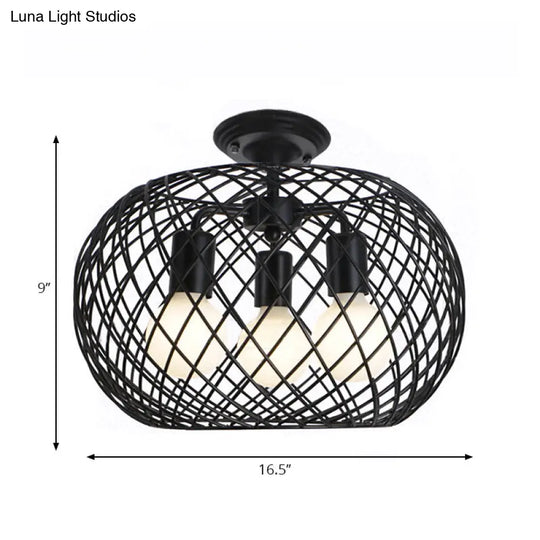 Black Drum Design Semi Flush Light - Vintage Retro Metallic 3-Head Foyer Mount 16/16.5 W