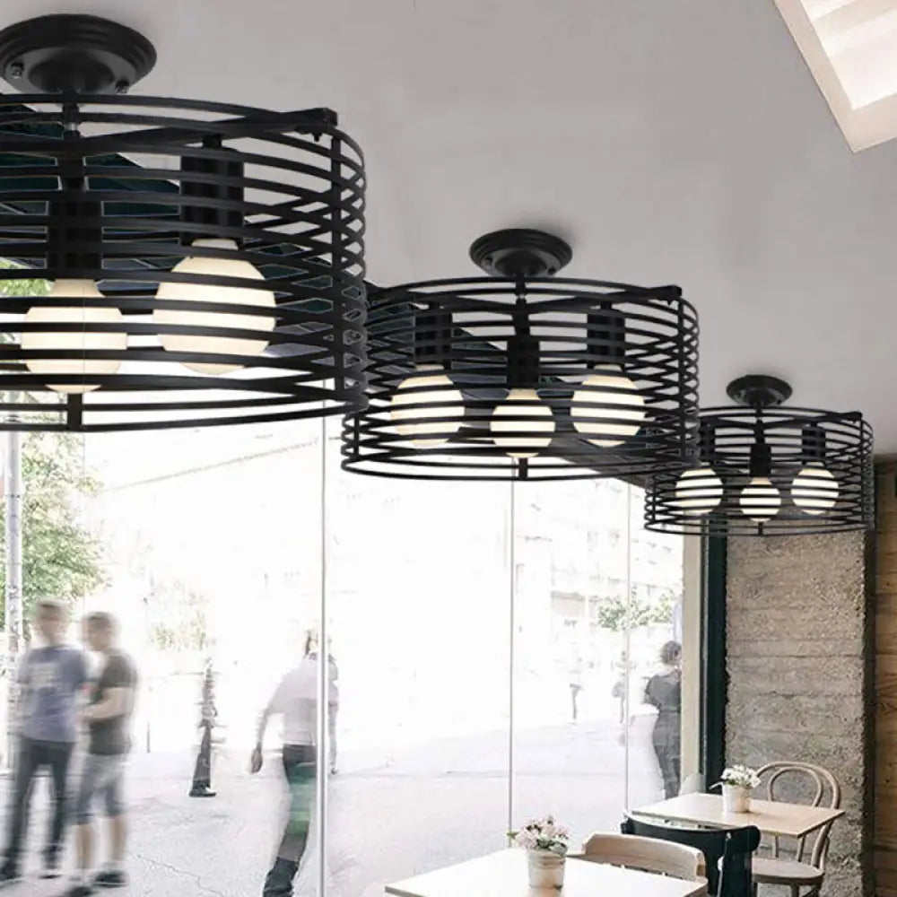 Black Drum Design Semi Flush Light - Vintage Retro Metallic 3-Head Foyer Mount 16’/16.5’ W / 16’