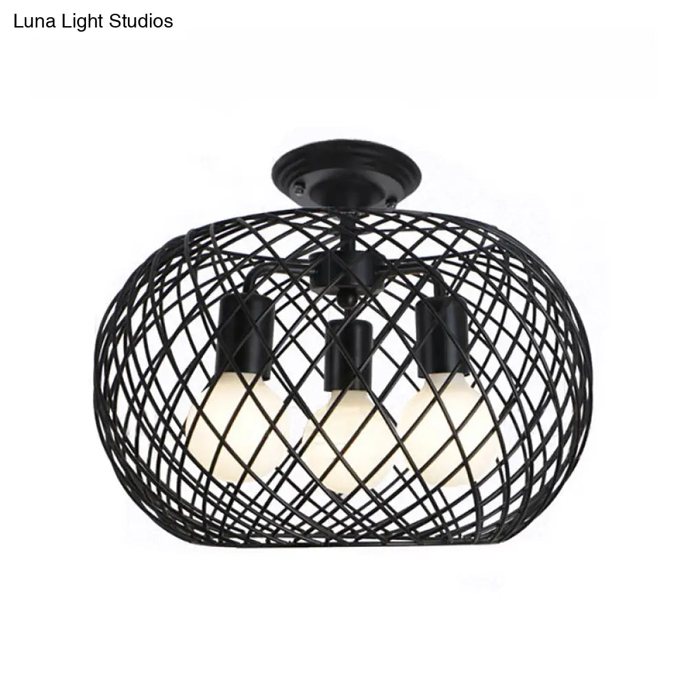 Black Drum Design Semi Flush Light - Vintage Retro Metallic 3-Head Foyer Mount 16’/16.5’ W