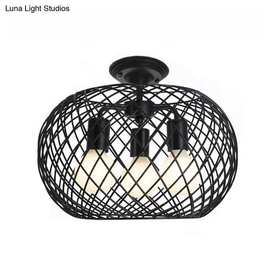 Black Drum Design Semi Flush Light - Vintage Retro Metallic 3-Head Foyer Mount 16’/16.5’ W