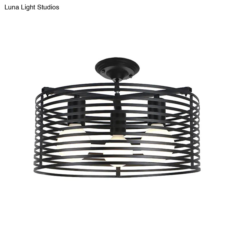 Black Drum Design Semi Flush Light - Vintage Retro Metallic 3-Head Foyer Mount 16’/16.5’ W