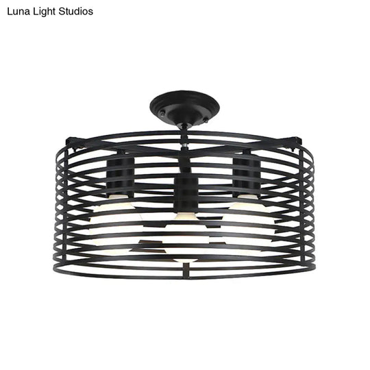 Black Drum Design Semi Flush Light - Vintage Retro Metallic 3-Head Foyer Mount 16’/16.5’ W
