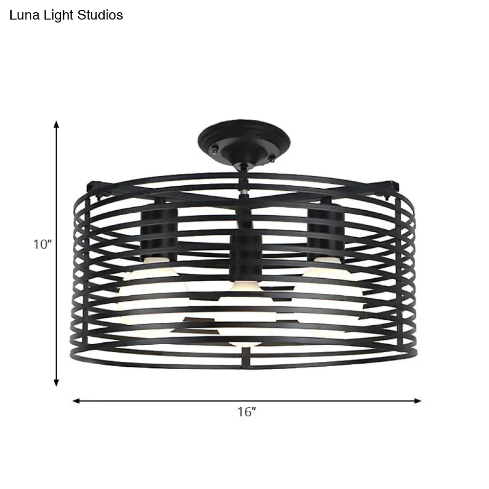 Black Drum Design Semi Flush Light - Vintage Retro Metallic 3-Head Foyer Mount 16/16.5 W