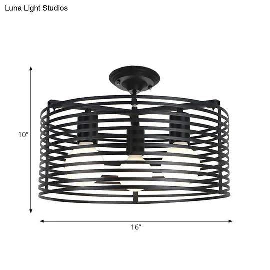 Black Drum Design Semi Flush Light - Vintage Retro Metallic 3-Head Foyer Mount 16/16.5 W