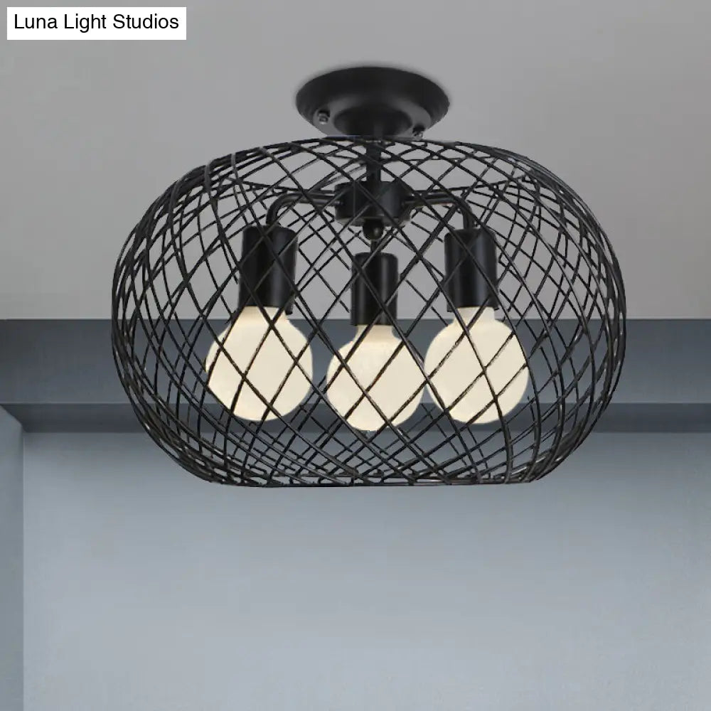 Black Drum Design Semi Flush Light - Vintage Retro Metallic 3-Head Foyer Mount 16/16.5 W