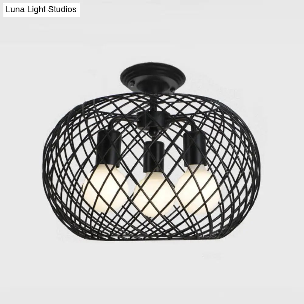 Black Drum Design Semi Flush Light - Vintage Retro Metallic 3-Head Foyer Mount 16’/16.5’ W