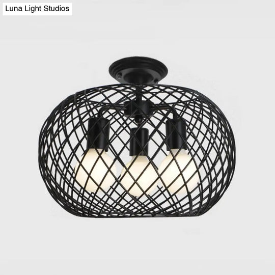 Black Drum Design Semi Flush Light - Vintage Retro Metallic 3-Head Foyer Mount 16’/16.5’ W