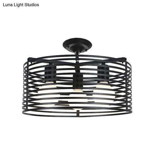 Black Drum Design Semi Flush Light - Vintage Retro Metallic 3-Head Foyer Mount 16/16.5 W