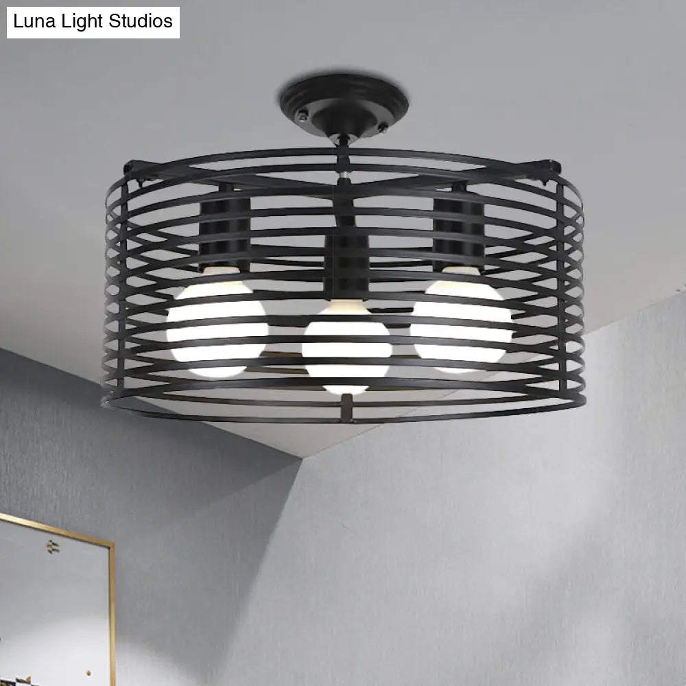 Black Drum Design Semi Flush Light - Vintage Retro Metallic 3-Head Foyer Mount 16/16.5 W
