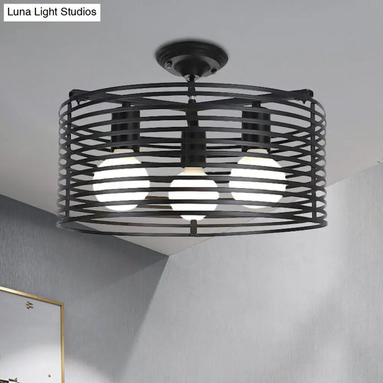 Black Drum Design Semi Flush Light - Vintage Retro Metallic 3-Head Foyer Mount 16/16.5 W